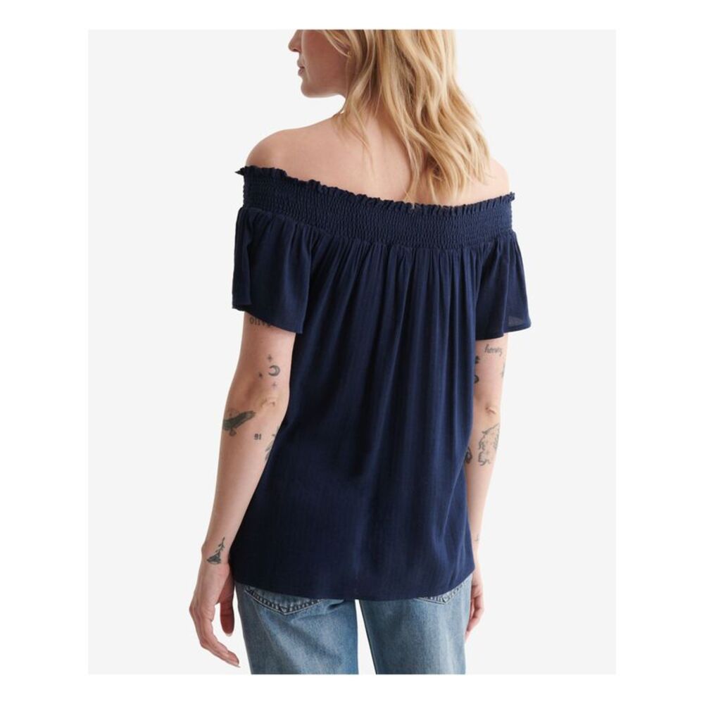 LUCKY BRAND Womens Navy Ruffled Sheer Smocked Short Sleeve Off Shoulder Top S - Picture 2 of 4